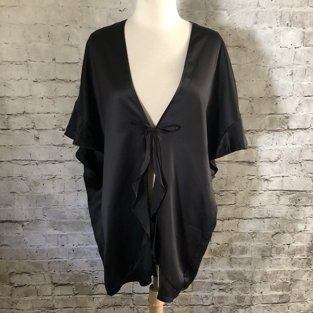 Victorias Secret New‎ One Size Black Satin Front Tie Wrap Ruffle Kimona Robe